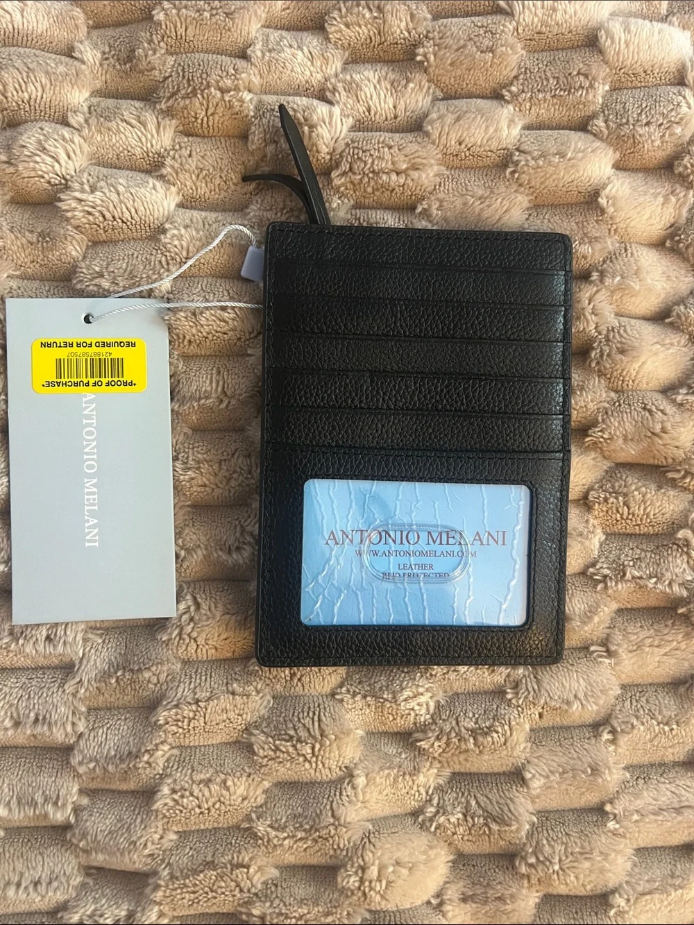 ANTONIO MELANI Black Leather Card & ID Holder with Clear Window